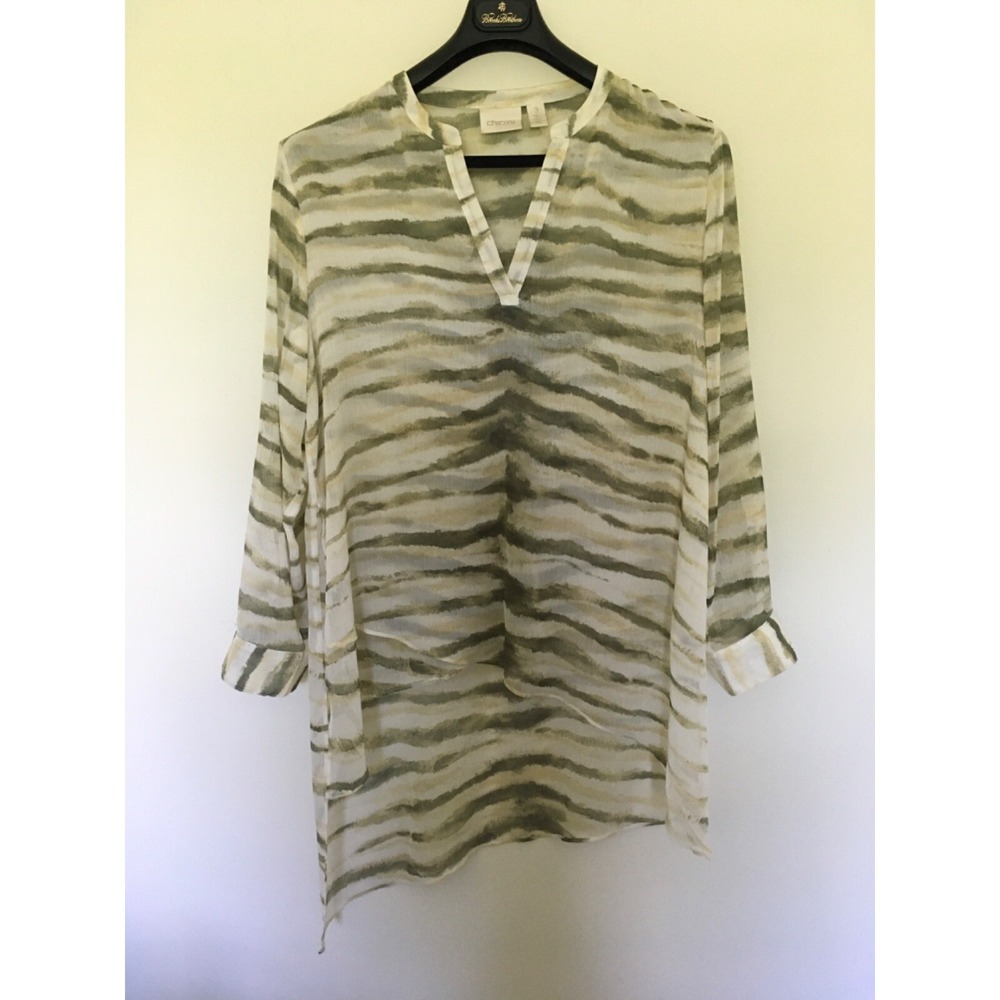 Chicos Dynamic Twist Tula Top Sz 3 Army Green Tan  Roll Tab Sleeve Layered